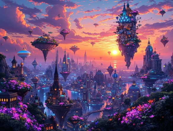 A breathtaking cityscape, blending realistic architecture with fantastical elements like floating islands and bioluminescent flora, rendered in the style of a vibrant oil painting.