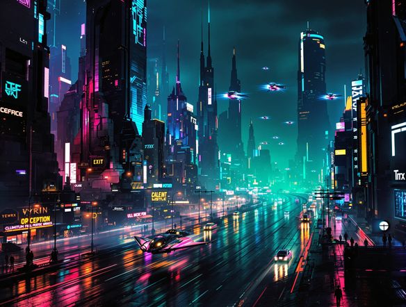 A sprawling futuristic cityscape at night, neon lights reflecting on wet streets, flying vehicles weaving between towering skyscrapers, cyberpunk aesthetic, high detail.