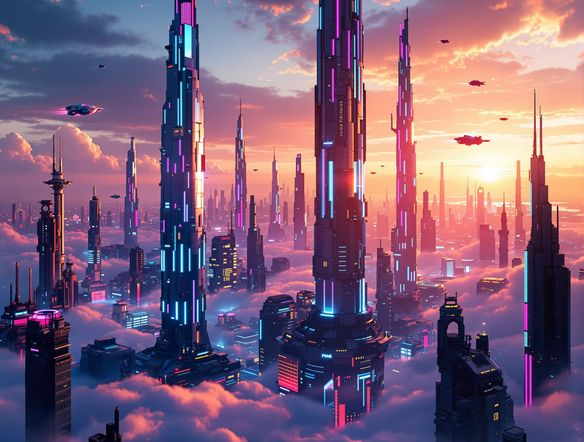 Futuristic cityscape at sunset, towering skyscrapers with neon lights, flying vehicles, detailed and vibrant, cinematic lighting.