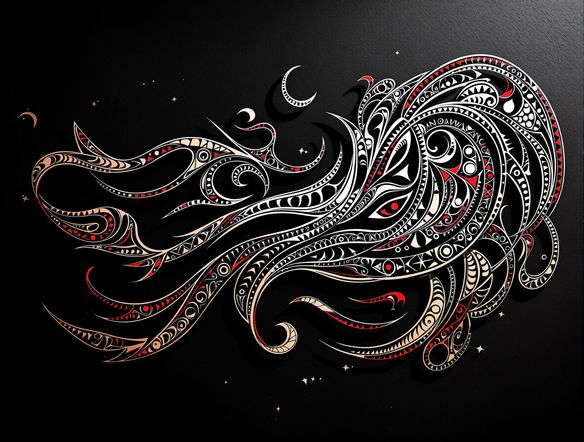 Intricate Maori Tā Moko tattoo design flowing across a dark, textured background, symbolizing ancestral stories and cultural heritage, rendered with sharp, dynamic lines.