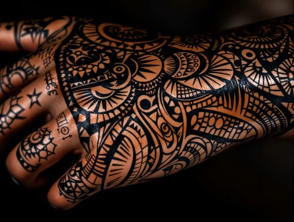 A close-up of a forearm displaying a detailed Maori Tā Moko tattoo, generated by AI, featuring traditional patterns and symbols, indigenous tattoo art AI style.
