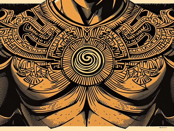 A stylized representation of a Maori warrior's chest piece, showcasing intricate patterns in a traditional Maori carving style, with a prominent Koru design at its center.
