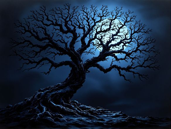 An intricate, detailed monochrome artwork AI of an ancient, gnarled tree silhouette against a textured, dark sky, using only shades of deep blue and black.