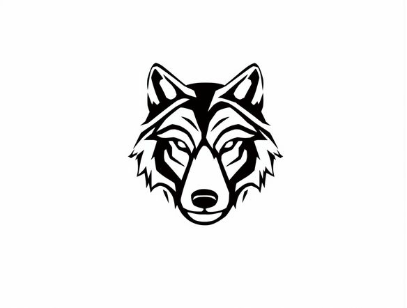 A minimalist, high-contrast black and white graphic illustration of a stylized wolf's head, sharp lines, vector art style, suitable for a logo.