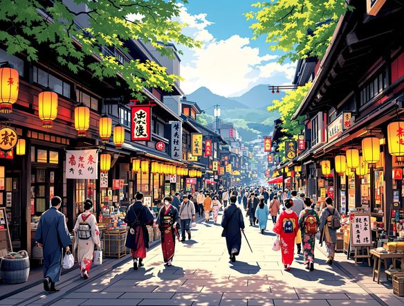 A vibrant Ukiyo-e style scene of a bustling Edo-period street, with elements of modern anime style art maker aesthetics integrated, rendered with bold outlines and flat colors.