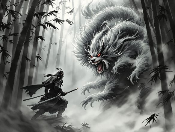 A dramatic Japanese painting generator scene depicting a powerful samurai warrior facing a mythical Kitsune Yokai in a misty bamboo forest, rendered in a traditional ink wash style.