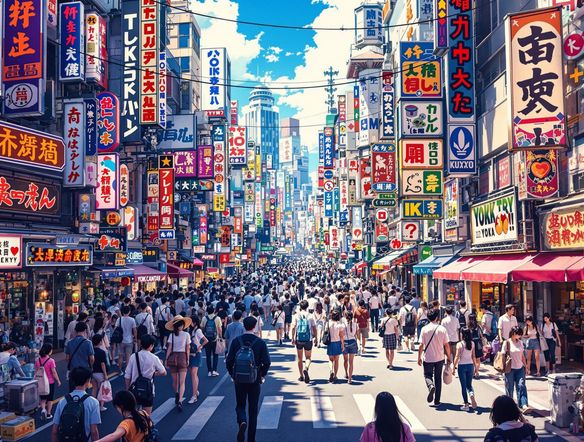 A vibrant anime-style scene of a bustling Tokyo street, rendered from a photograph, showcasing detailed character designs and dynamic lighting. Use bright colors and a sense of movement. ai animation video generator free.