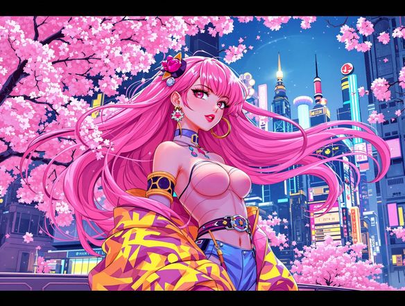 A vibrant anime girl with flowing pink hair, set against a backdrop of cherry blossoms and a futuristic cityscape.
