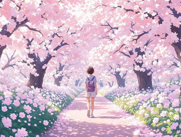 A short, looping anime-style video of a person walking through a blooming cherry blossom garden, created from a single photograph. Soft, pastel colors and gentle animation. free ai animation video generator.