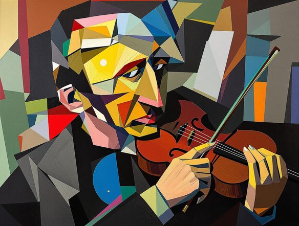 A Cubist portrait of a musician, showcasing geometric fragmentation and multiple perspectives art, vibrant colors, oil on canvas.