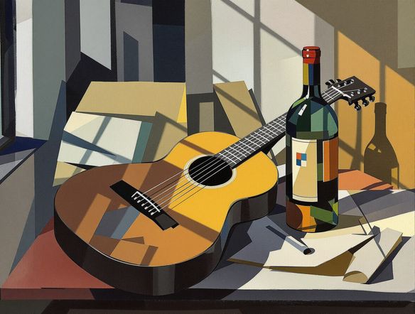 A still life Cubist painting in the style of Pablo Picasso and Georges Braque Cubism, featuring a guitar and wine bottle, muted color palette, fragmented planes.