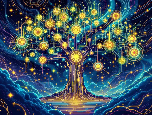 A vibrant, stylized decision tree with glowing nodes representing key decisions and outcomes. The tree is set against a backdrop of swirling data streams, symbolizing the flow of information. Use a modern, clean aesthetic.