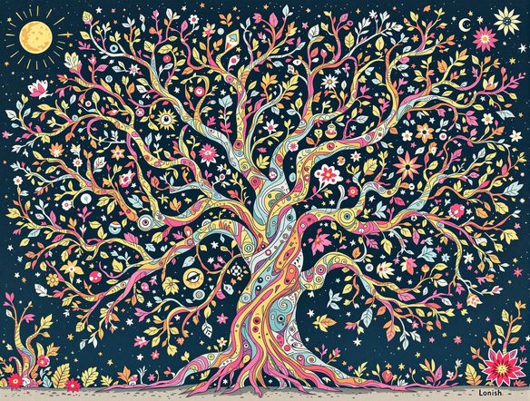 A whimsical decision tree branching out into various creative outcomes, including a team logo, a sports strategy, and a marketing campaign. The style is playful and imaginative, with each branch representing a different avenue of exploration.