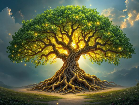 A branching tree with each branch representing a different decision, illuminated by a soft glow, symbolizing clarity and strategic choice.