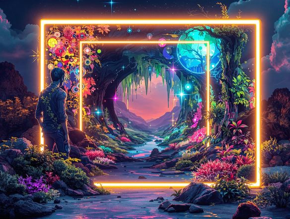 A surreal frame made of glowing neon, filled with abstract art that blends technology and nature, symbolizing boundless creativity.