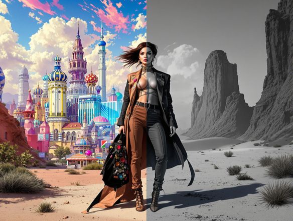 A digital painting showcasing a split-screen effect. On one side, a vibrant, colorful cityscape; on the other, a desolate, monochrome desert. The style is hyperrealistic, with dramatic lighting and intricate details.