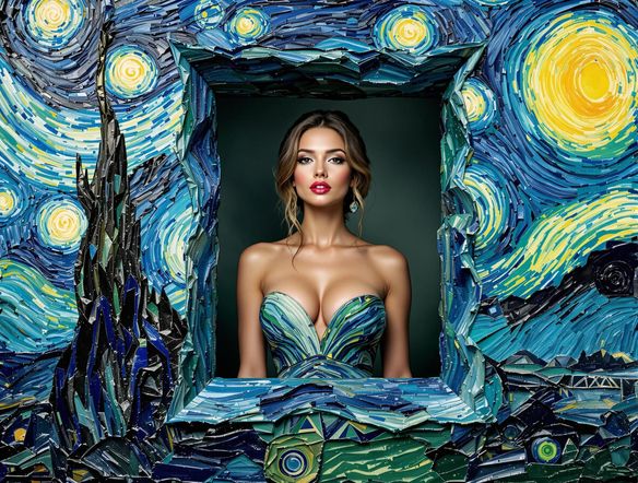 An image frame in the style of Van Gogh's 'Starry Night,' surrounding a modern portrait photograph. The frame is thick with impasto texture, swirling with vibrant blues, yellows, and greens, creating a dreamlike effect.