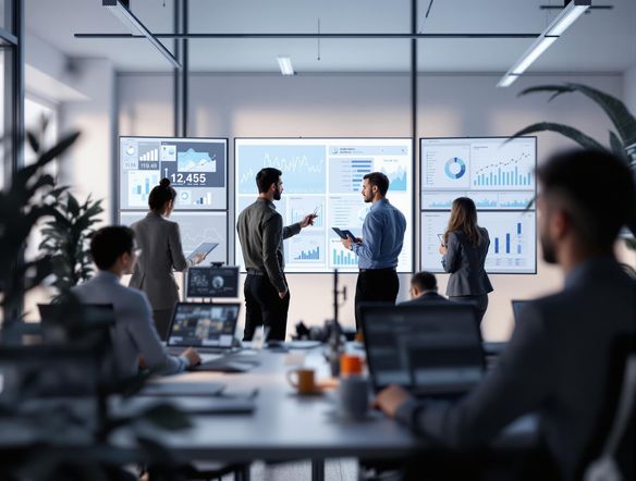 A professional LinkedIn carousel post design, showcasing data analytics and team collaboration, modern office environment, clean design.