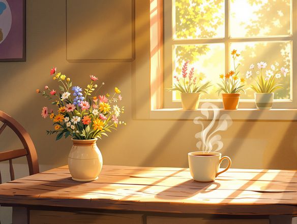A cozy cottage interior bathed in warm sunlight, a steaming mug on a wooden table, wildflowers in a vase, whimsical illustration AI style.