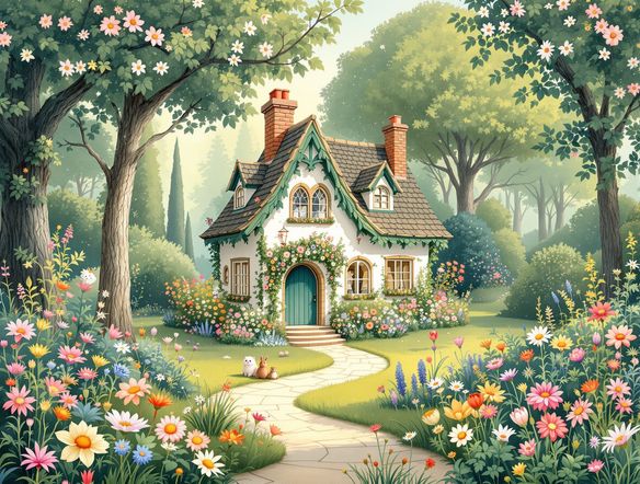 A whimsical forest clearing with a small, storybook-style cottage, surrounded by abundant, vibrant wildflowers and gentle woodland creatures. Floral illustration AI.