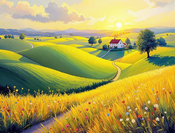 A vibrant, sun-drenched landscape painting created with visible brushstrokes, capturing a serene countryside scene with rolling hills and a distant farmhouse.