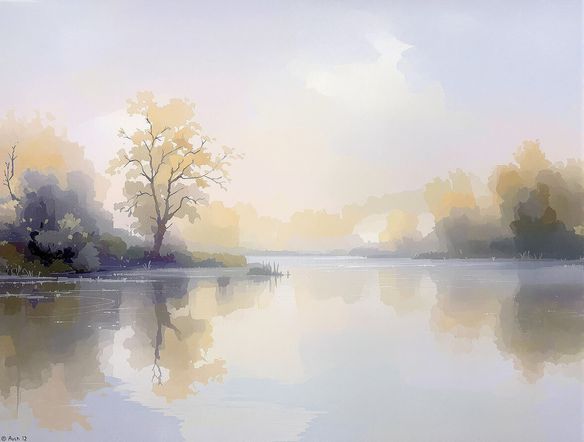 An Impressionist landscape painting of a misty morning over a lake, generated by an Impressionist landscape generator, emphasizing soft light and atmospheric perspective.