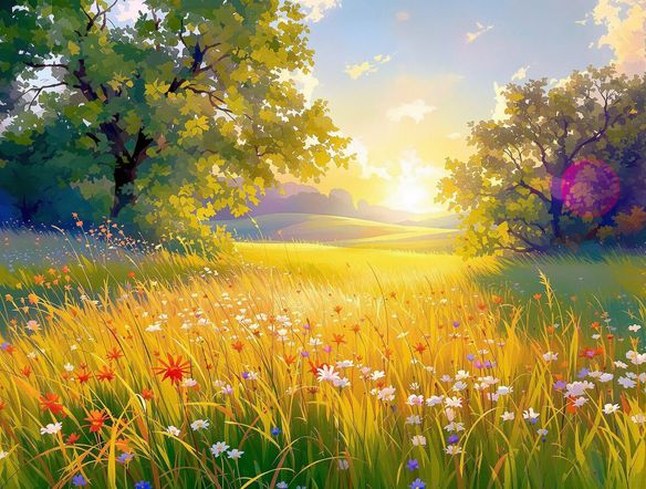 A vibrant digital painting of a sun-drenched meadow, created with an outdoor painting AI tool, showcasing a plein air style with visible brushstrokes and natural light.