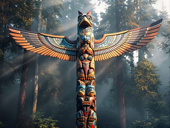 A highly detailed, majestic Northwest Coast totem pole, carved from cedar, depicting a Thunderbird, Raven, and Bear. Intricate indigenous totem art generator style, vibrant natural colors, set against a misty forest backdrop.