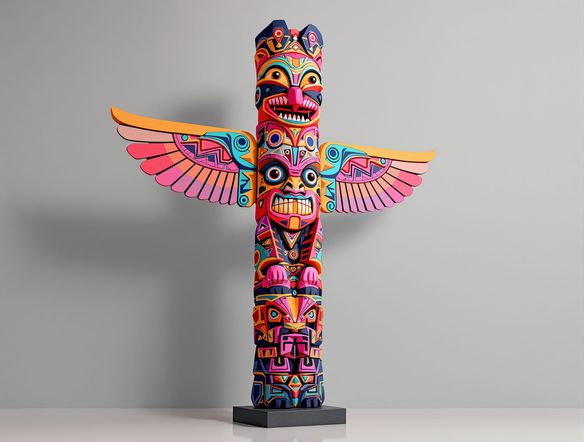 A stylized totem pole with geometric patterns and animal motifs, inspired by Native American carving style AI. Modern, vibrant colors, smooth digital rendering, presented as a standalone sculpture in a minimalist gallery setting.