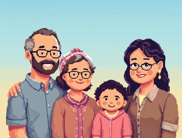 Generate a pixel art family tree. The ai family tree generator should display four generations with a pixelated aesthetic. Use warm colors and a simple background. The style should evoke classic 8-bit video games. Family tree generator free.