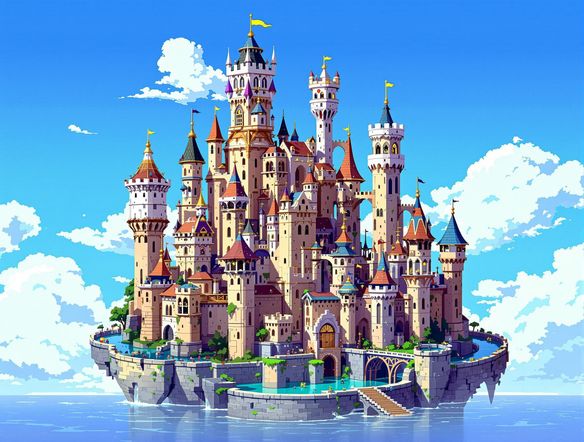 Design a pixel image of a medieval castle using a free family tree generator as inspiration. The free family tree generator's layout should be visible in the castle's structure. The style should be reminiscent of old strategy games. Include a moat and drawbridge.