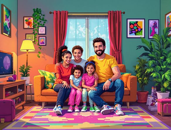 A pixel art style family portrait, vibrant and colorful, reminiscent of 16-bit video game graphics, set in a cozy, pixelated living room.