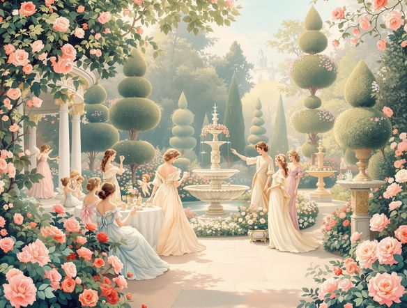 A charming French Rococo style illustration of a garden party with elegant figures, pastel palette, soft lighting, whimsical details.