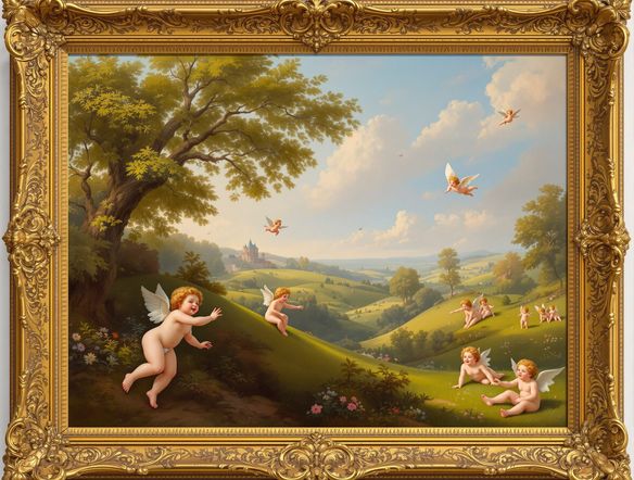 A detailed Rococo painting of a pastoral scene with cherubs and soft, pastel colors, highly ornate frame, digital art.