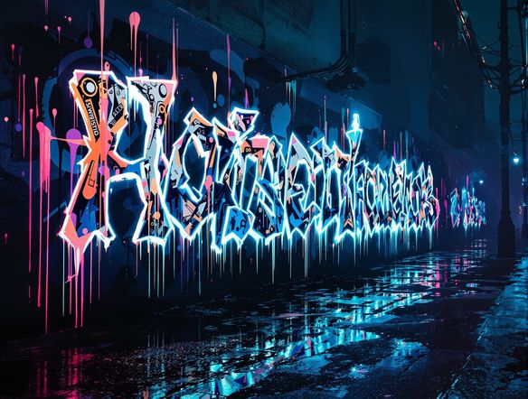 A dark futuristic street art mural on a gritty alley wall, illuminated by vibrant, dripping neon noir graffiti, reflecting in puddles on the ground.