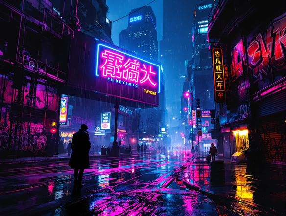 A lone figure stands beneath a flickering neon sign in a rain-slicked cyberpunk city, embodying a gritty tech noir aesthetic, with stylized graffiti elements.