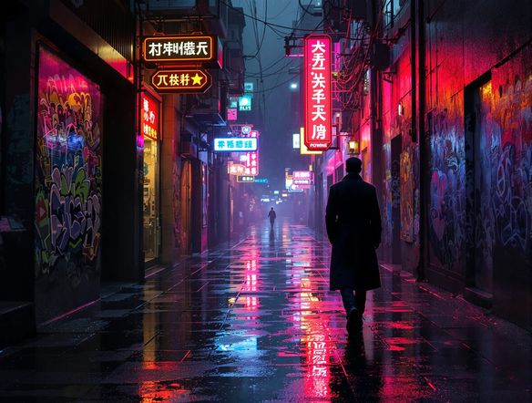 A gritty, rain-slicked alleyway bathed in neon light, featuring intricate graffiti blending futuristic technology with dark, noir aesthetics. A lone figure in a trench coat walks away from the viewer.