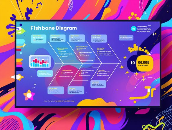 A vibrant presentation slide featuring a completed fishbone diagram with a countdown clock gif generator prominently displayed. The countdown emphasizes an upcoming project milestone. Energetic, modern, and visually appealing.