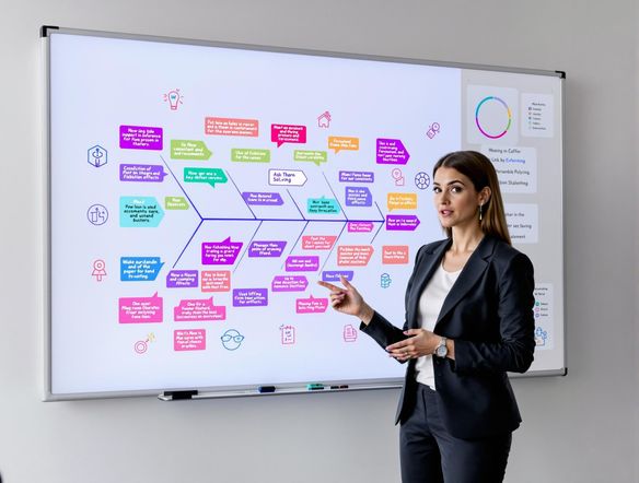A detailed fishbone diagram on a digital whiteboard, highlighting key causes and effects in vibrant colors, surrounded by icons representing problem-solving and analytical processes.