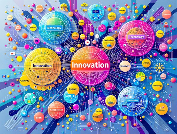 A vibrant and intricate bubble map diagram, illustrating the interconnectedness of various concepts. Use a bright, modern color palette. The central bubble should be labeled 'Innovation' with radiating bubbles representing 'Creativity', 'Technology', and 'Collaboration'.