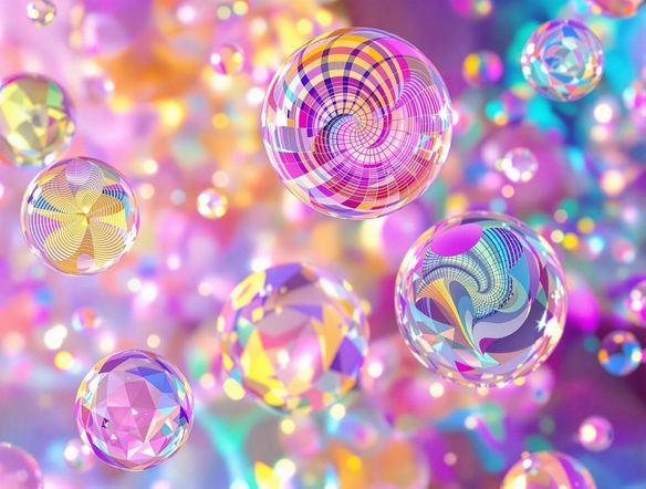 A collection of vibrant, iridescent bubbles floating in a softly lit studio. Each bubble contains a miniature, abstract design or pattern.
