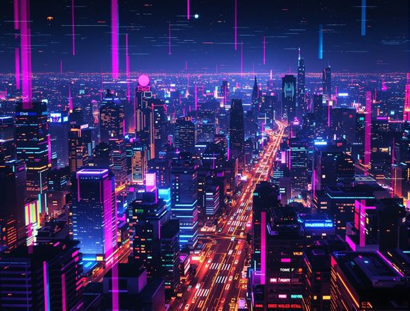 A cityscape at night with simulated video compression artifacts, vaporwave glitch generator aesthetic, neon lights, datamosh distortion, retro-futuristic.