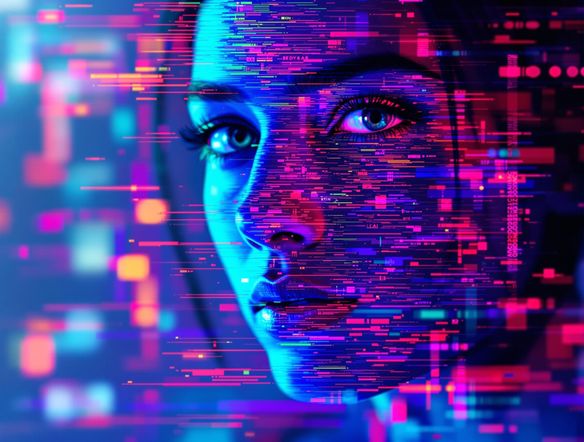 A portrait with heavy datamosh glitch effect, vibrant colors, digital glitch aesthetic, online generation, abstract data corruption.