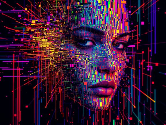 A digital portrait fractured by vibrant, chaotic data corruption lines, with pixelated artifacts and distorted colors, showcasing a dynamic datamosh glitch effect.
