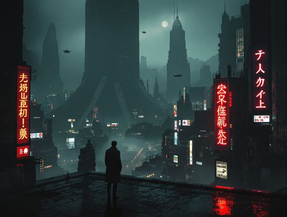 A lone figure stands on a rain-soaked balcony overlooking a vast, dark, dystopian cityscape, massive brutalist architecture, flying cars, neon signs in Japanese, Blade Runner aesthetic, atmospheric, moody lighting.