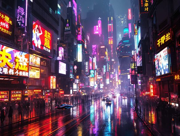 A bustling cyberpunk cityscape at night, drenched in vibrant neon lights, holographic advertisements, flying vehicles, rain-slicked streets, futuristic aesthetic, high detail, cinematic lighting.