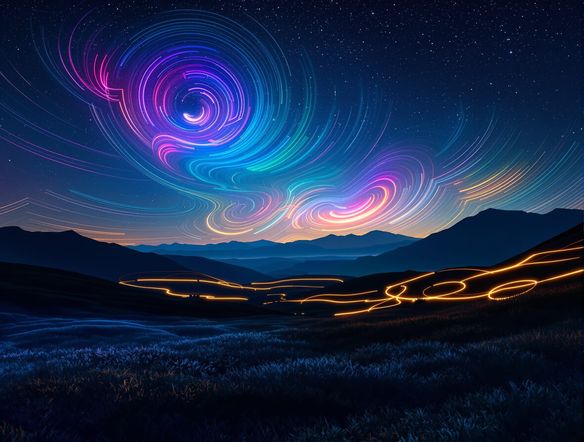 A serene night landscape with vibrant, glowing generative light trails swirling across the sky, created by a digital light painting tool.