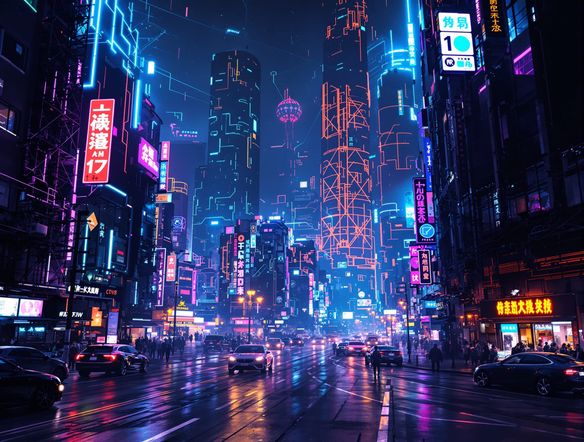 A cyberpunk city street at night, illuminated by intricate neon light painting art, showcasing futuristic light drawing AI.