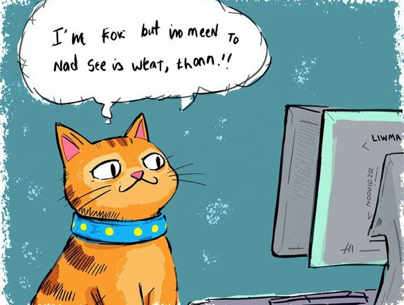 A confused cat looking at a computer screen with a funny caption bubble above its head, vibrant and playful colors.