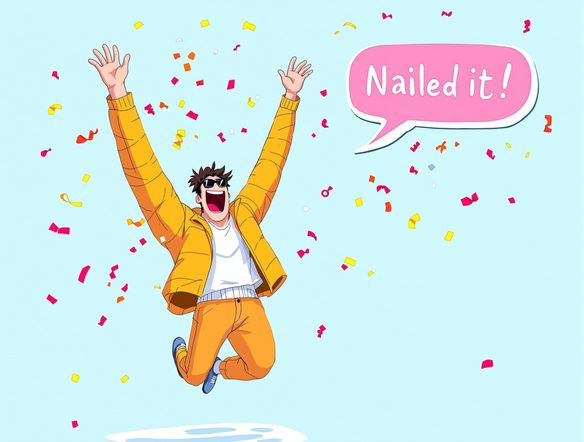 A ridiculously happy person reacting to a comically absurd fake report card generator result, with an AI-generated caption bubble that reads: "Nailed it!" Vibrant colors, meme-style illustration.